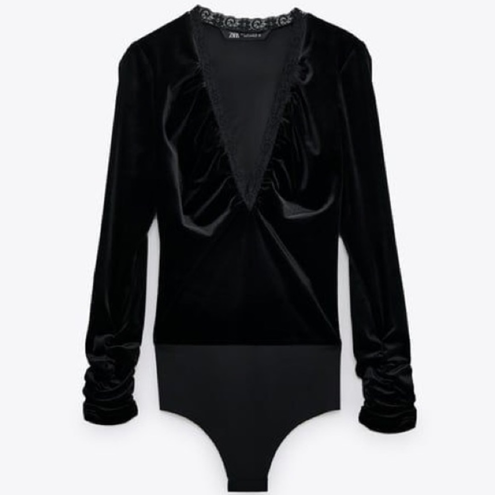 Zara Black Velvet Long Sleeve Bodysuit with Lace Trim NWT